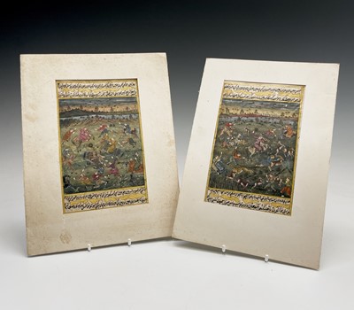 Lot 1052 - Two illustrated painted leaves from Islamic...