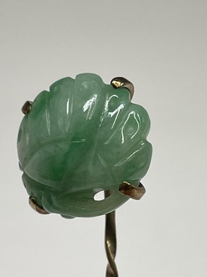 Lot 369 - A pair of 9ct gold mounted jade cufflinks...