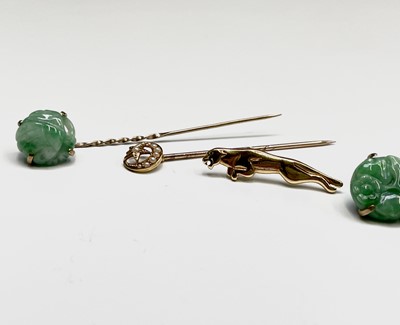 Lot 369 - A pair of 9ct gold mounted jade cufflinks...