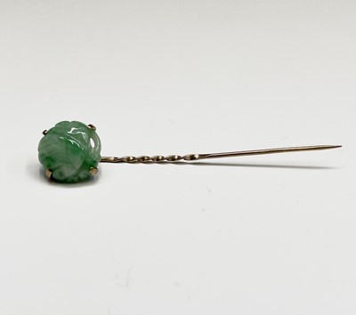 Lot 369 - A pair of 9ct gold mounted jade cufflinks...