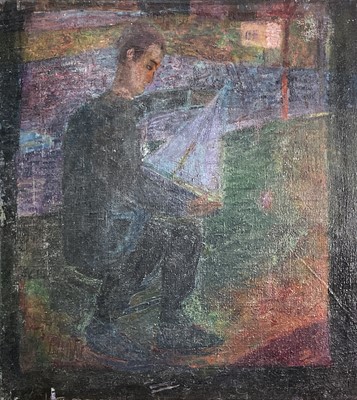 Lot 341 - Jerry WHITE (1952) Boatmender at Dusk Oil on...