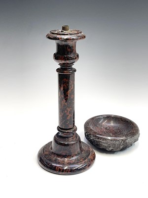 Lot 138 - A Cornish red serpentine turned lamp base,...