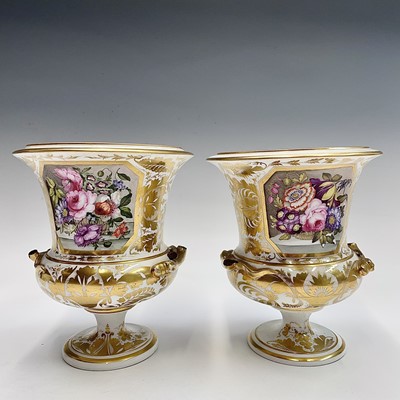 Lot 816 - A pair of Derby campana form urn shaped vases,...