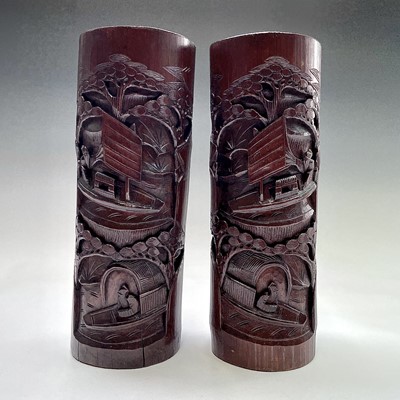 Lot 103 - A pair of Chinese carved bamboo brush pots,...