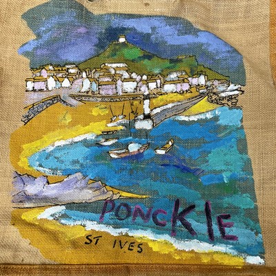 Lot 1009 - PONKLE (1934 - 2012) A hessian bag painted to...