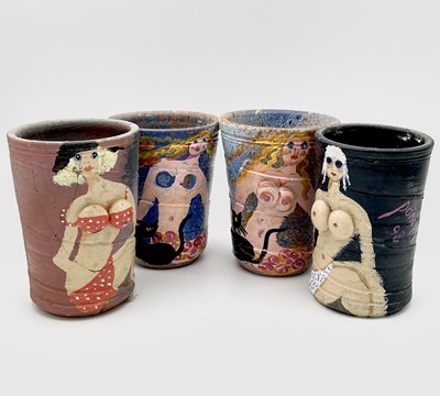 Lot 1015 - PONKLE (1934-2012) Four painted terracotta pots