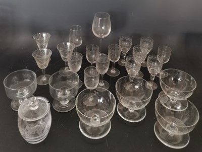 Lot 95 - A collection of etched and clear glasses,...