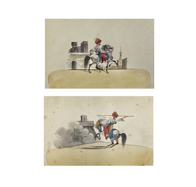 Lot 1014 - Two small paintings on card of Indian Horsemen,...