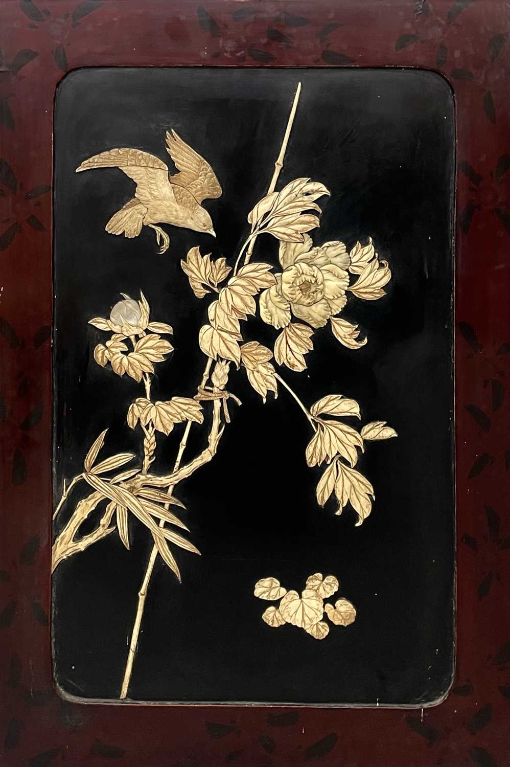 Lot 163 - A Japanese red and black laquered panel, late...