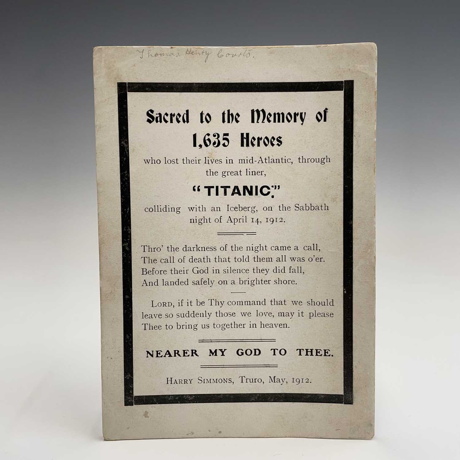 Lot 152 - A Titanic memorial card, printed with the...