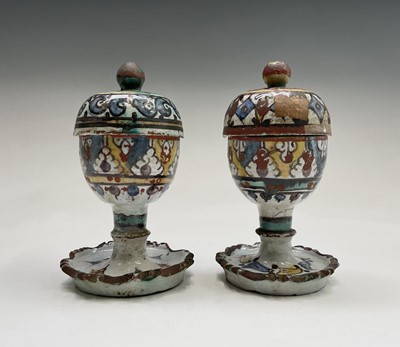 Lot 1025 - Two similar Moroccan pottery footed pot pourri...