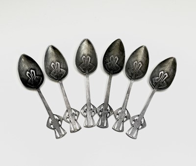 Lot 149 - A six Arts and Crafts period pewter teaspoons,...