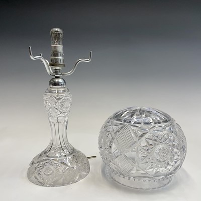 Lot 943 - A cut glass table lamp and shade, with hobnail...