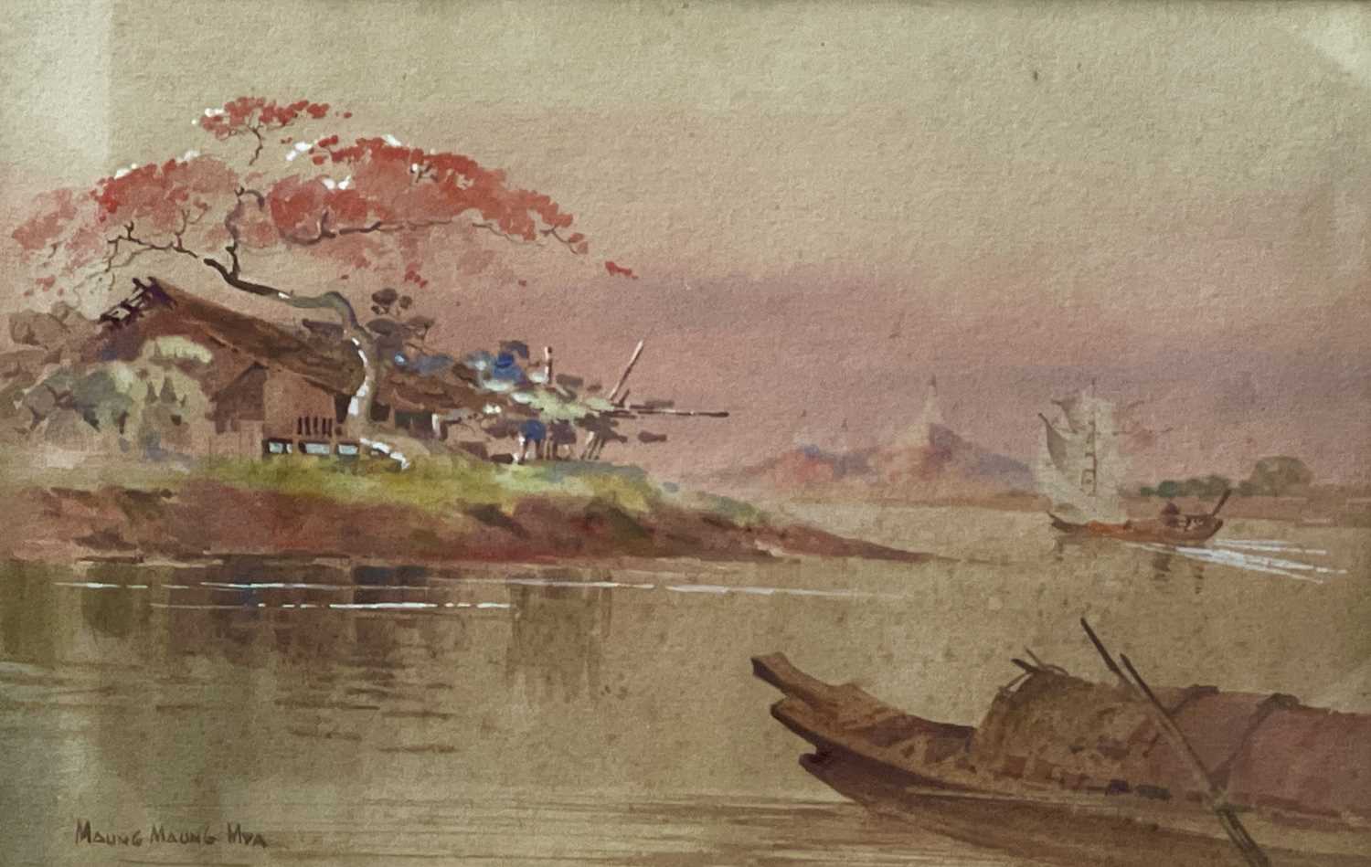 Lot 1031 - A Burmese watercolour of a river scene, signed...