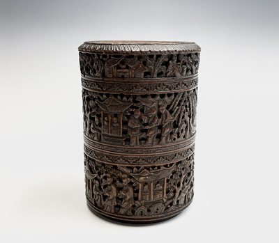 Lot 255 - A Chinese bamboo cylindrical pot and cover,...