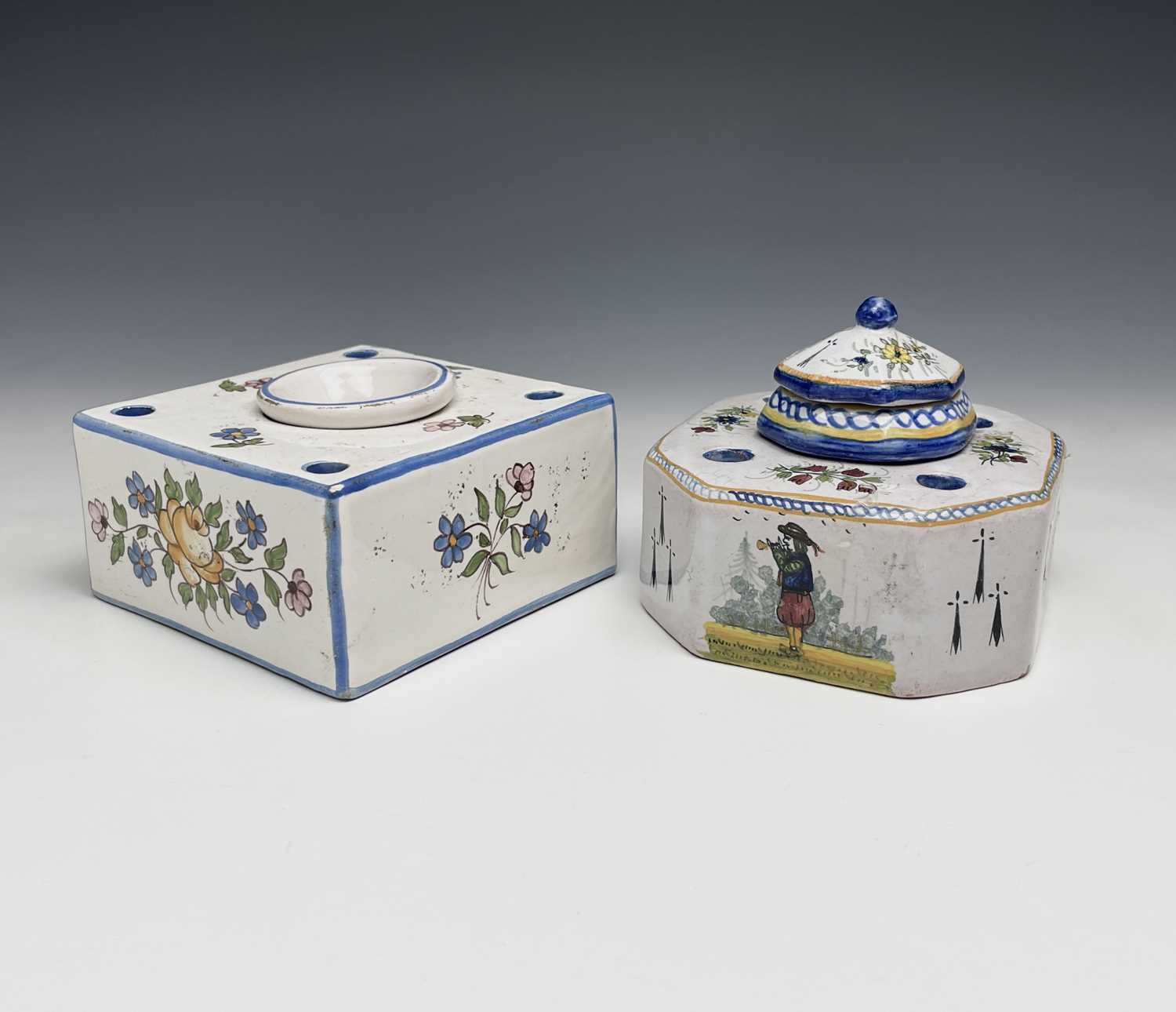 Lot 1018 - A French tin-glazed inkwell and cover with...