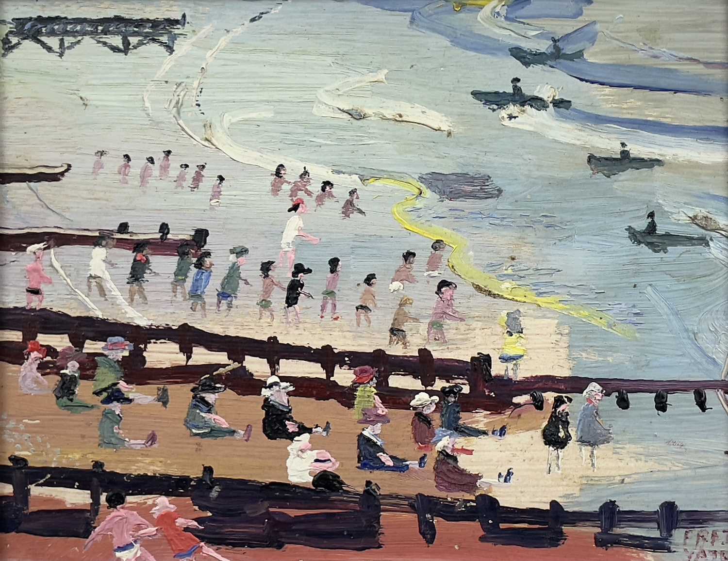 Lot 158 - Fred YATES (1922-2008) Day at the Beach Oil on...