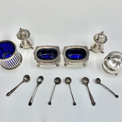 Lot 55 - A collection of silver condiments and six...