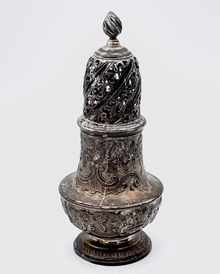 Lot 65 - A George I silver vase caster with floral and...