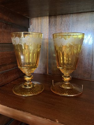 Lot 215 - A pair of cut glass rummers, each yellow...