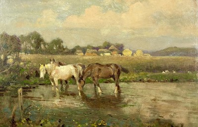 Lot 191 - Frederick HALL (1860-1948) Horses Drinking Oil...