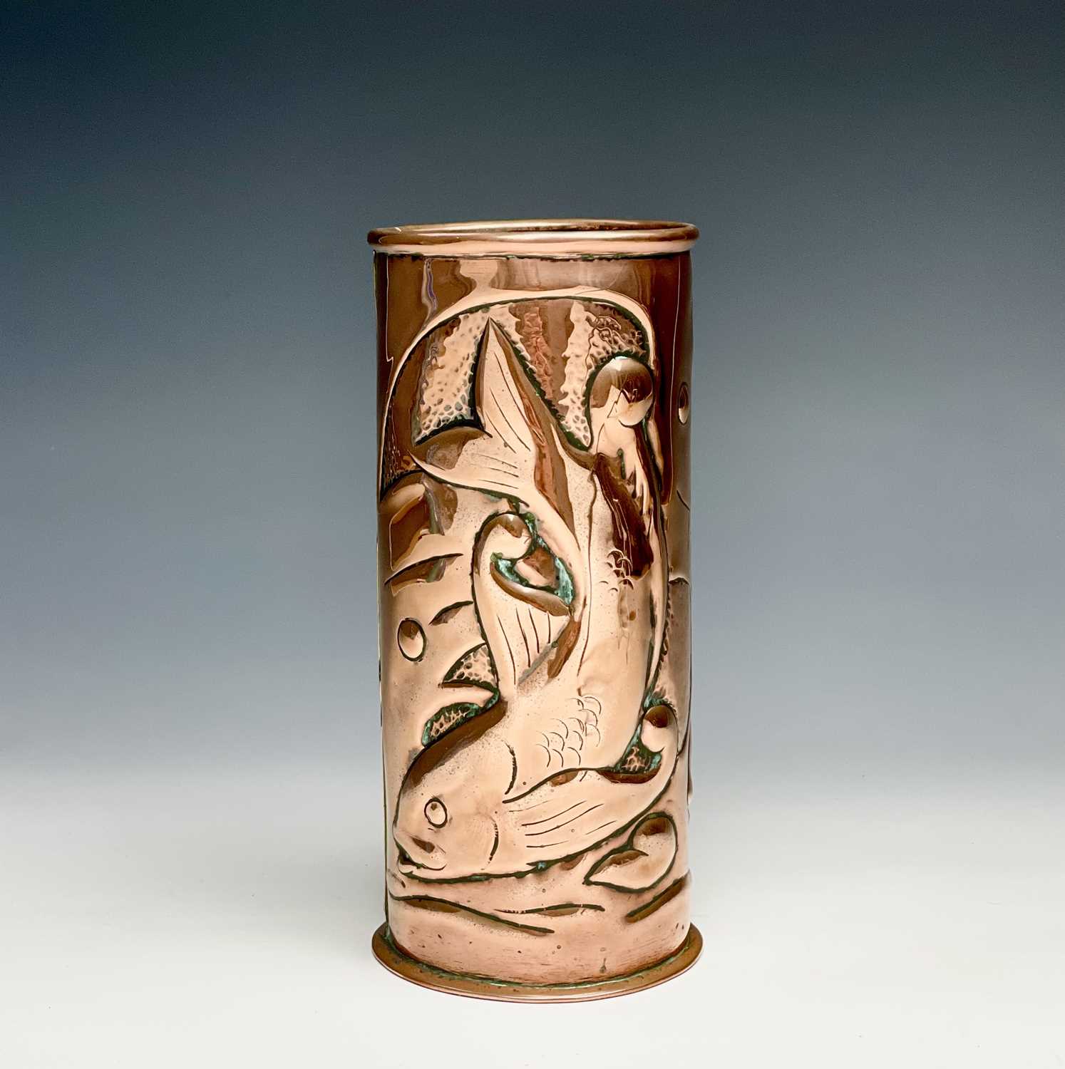 Lot 307 - A Newlyn copper cylindrical vase, repousse...