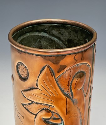 Lot 307 - A Newlyn copper cylindrical vase, repousse...