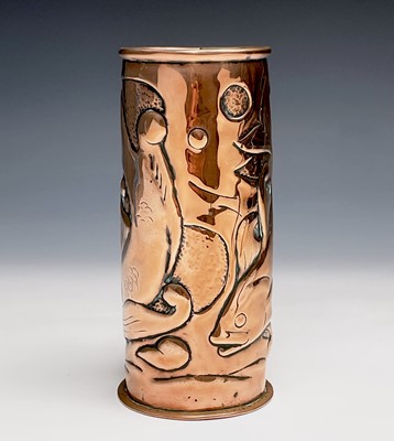 Lot 307 - A Newlyn copper cylindrical vase, repousse...