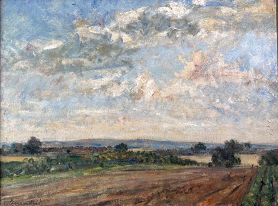 Lot 1435 - Farmland Oil on canvas Indistinctly signed...