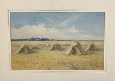 Lot 1493 - Workers amongst the cornstooks Watercolour...