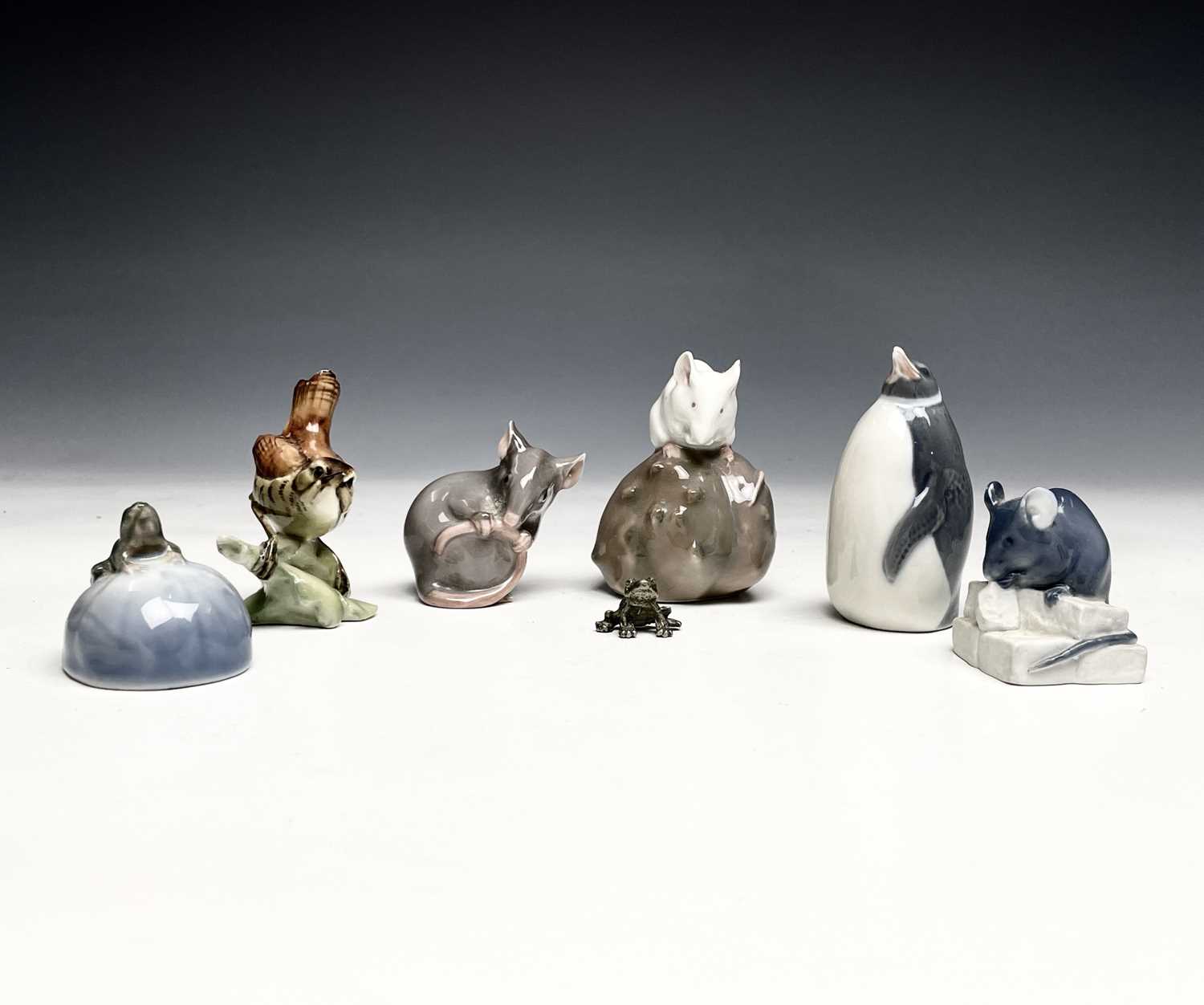 Lot 1146 - Three Royal Copenhagen porcelain mice figures,...