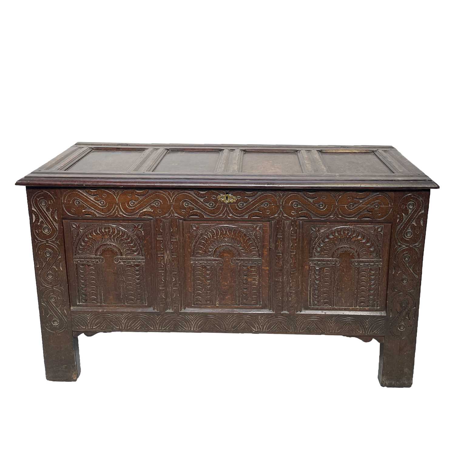 Lot 15 - An oak coffer, 17th century, the hinged...