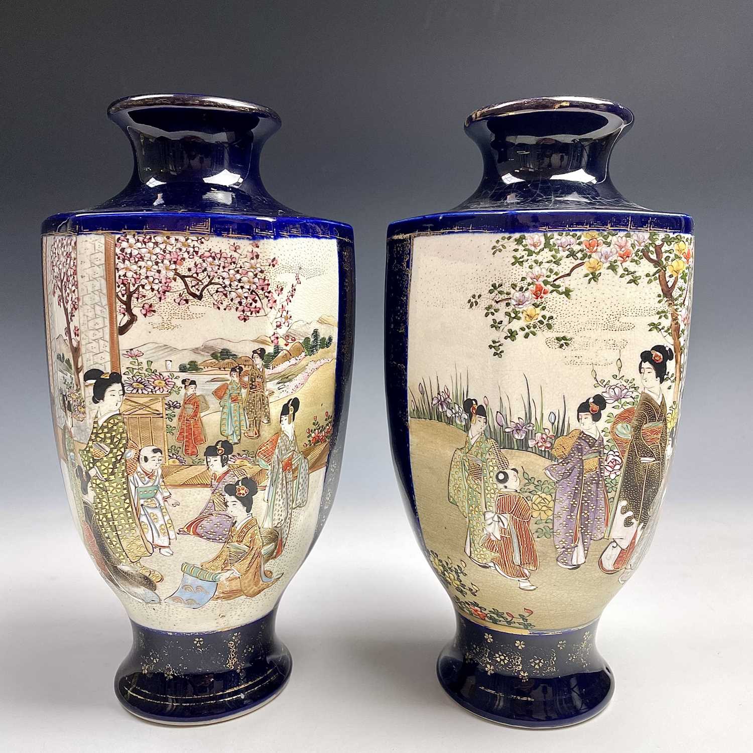 Lot 16 - A pair of Japanese hexagonal satsuma vases,...