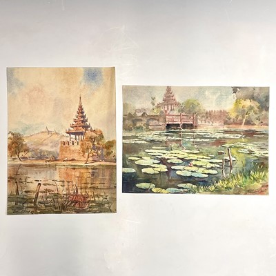 Lot 90 - Two Burmese Mandalay watercolours, mid 20th...