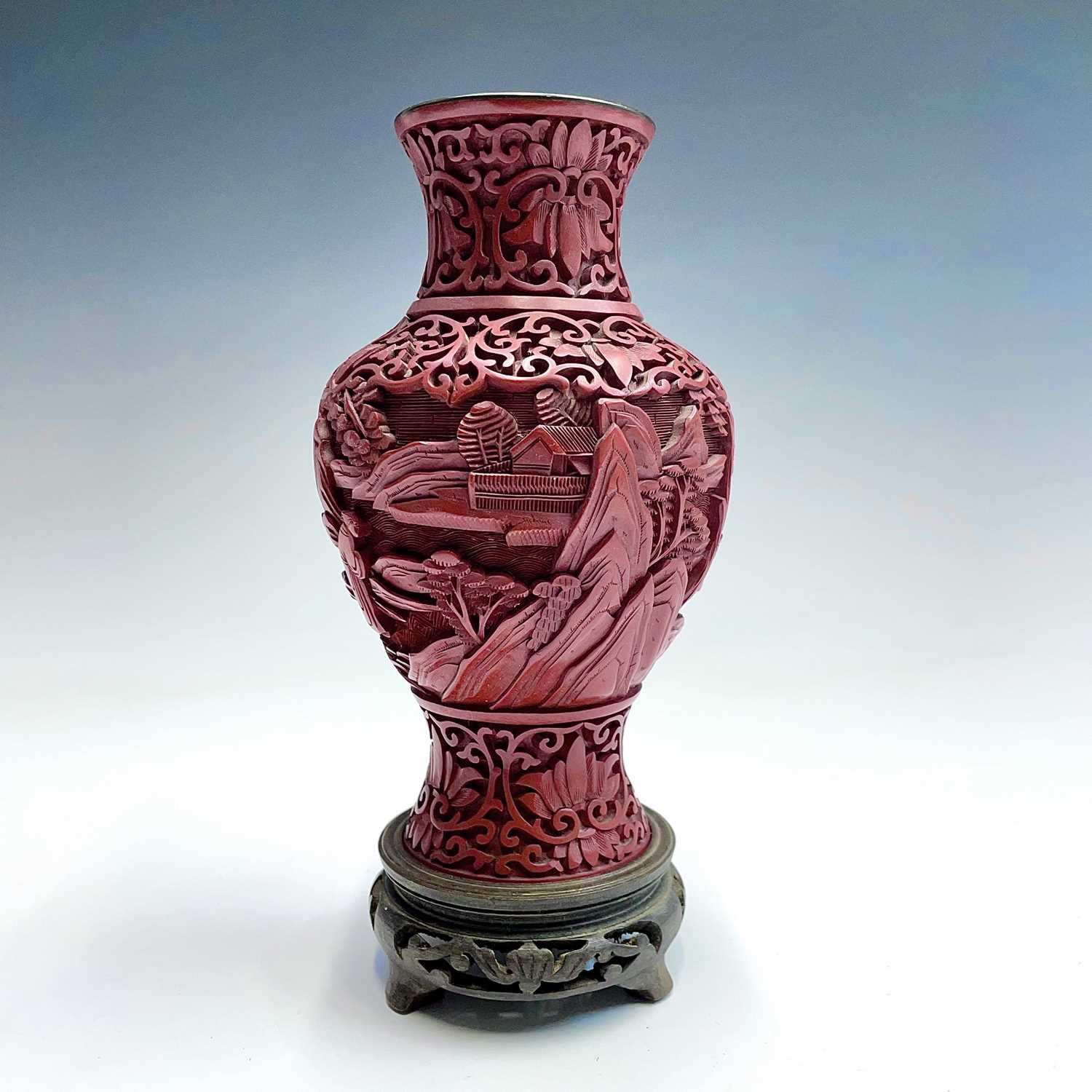 Lot 95 - A Chinese cinnabar lacquer vase on stand, with...