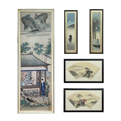 Lot 102 - A pair of Chinese fan-shaped watercolours on...