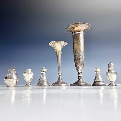 Lot 46 - Mixed silver items to include two spill vases...