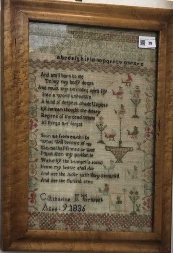 Lot 39 - A 19th century needlework sampler, worked by...