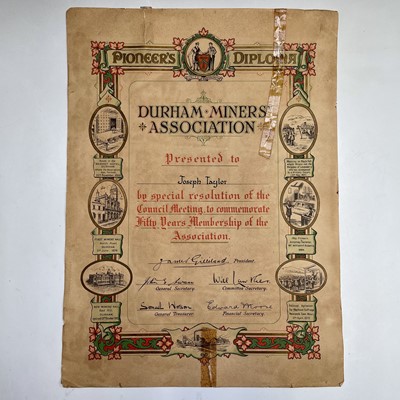 Lot 67 - A Durham Miners' Association Pioneer's Diploma,...