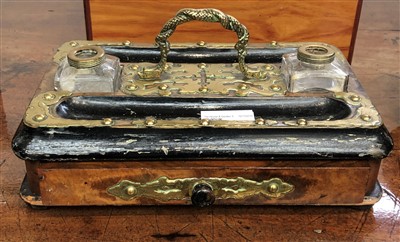 Lot 19 - A Victorian walnut and brass bound ink stand.