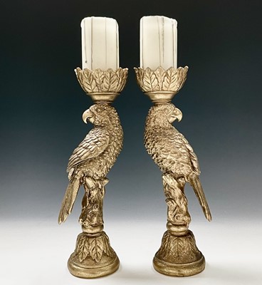 Lot 130 - A pair of gold painted parrot candleholders,...