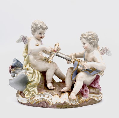 Lot 823 - A Meissen figure of two cherubs unsheathing a...