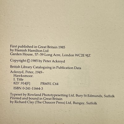 Lot 447 - PETER ACKROYD. 'Hawksmoor,' first edition,...