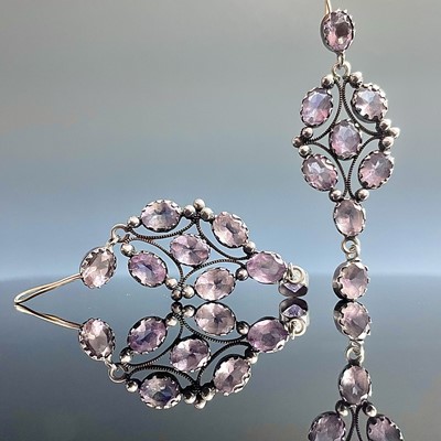 Lot 843 - A pair of 19th century amethyst pendant drop...