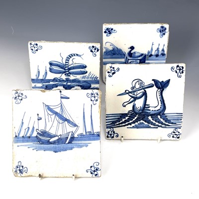 Lot 830 - Four blue and white Dutch Delft tiles,...