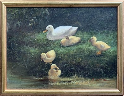 Lot 1419 - B CATTLE A duck with her chicks Oil on canvas...