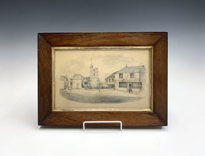 Lot 86 - A Victorian pencil sketch of a High Street, in...