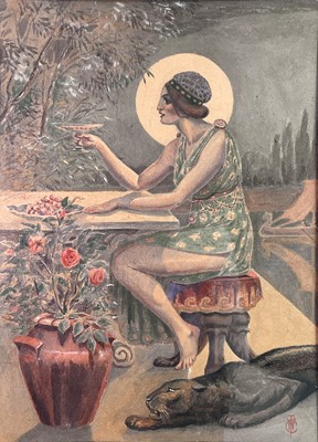 Lot 1553 - An Art Deco watercolour, a lady with a panther,...