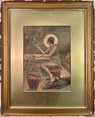 Lot 1553 - An Art Deco watercolour, a lady with a panther,...