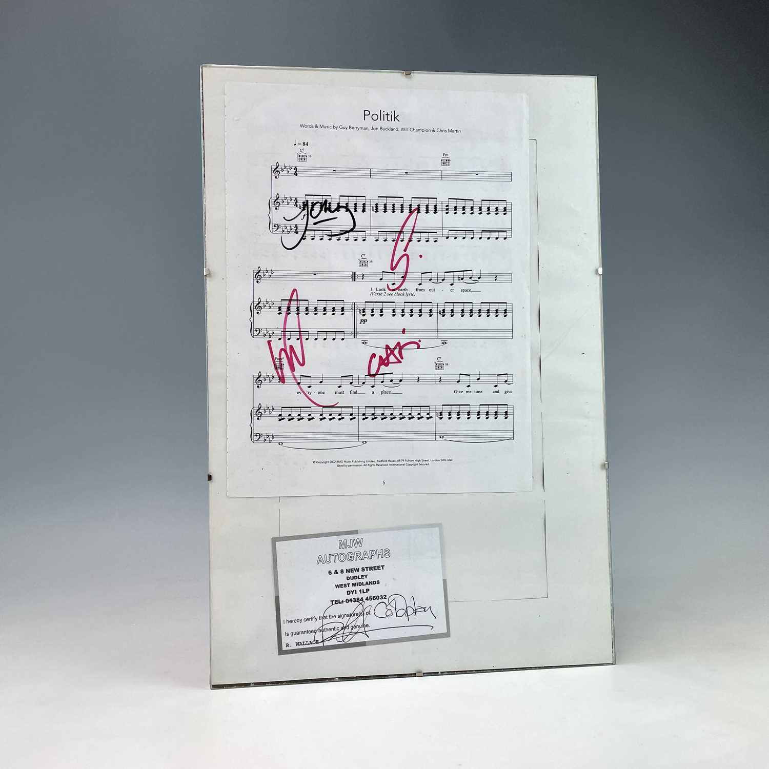 Coldplay Auto Graph Lot 941 - Coldplay Autograph. A framed personally